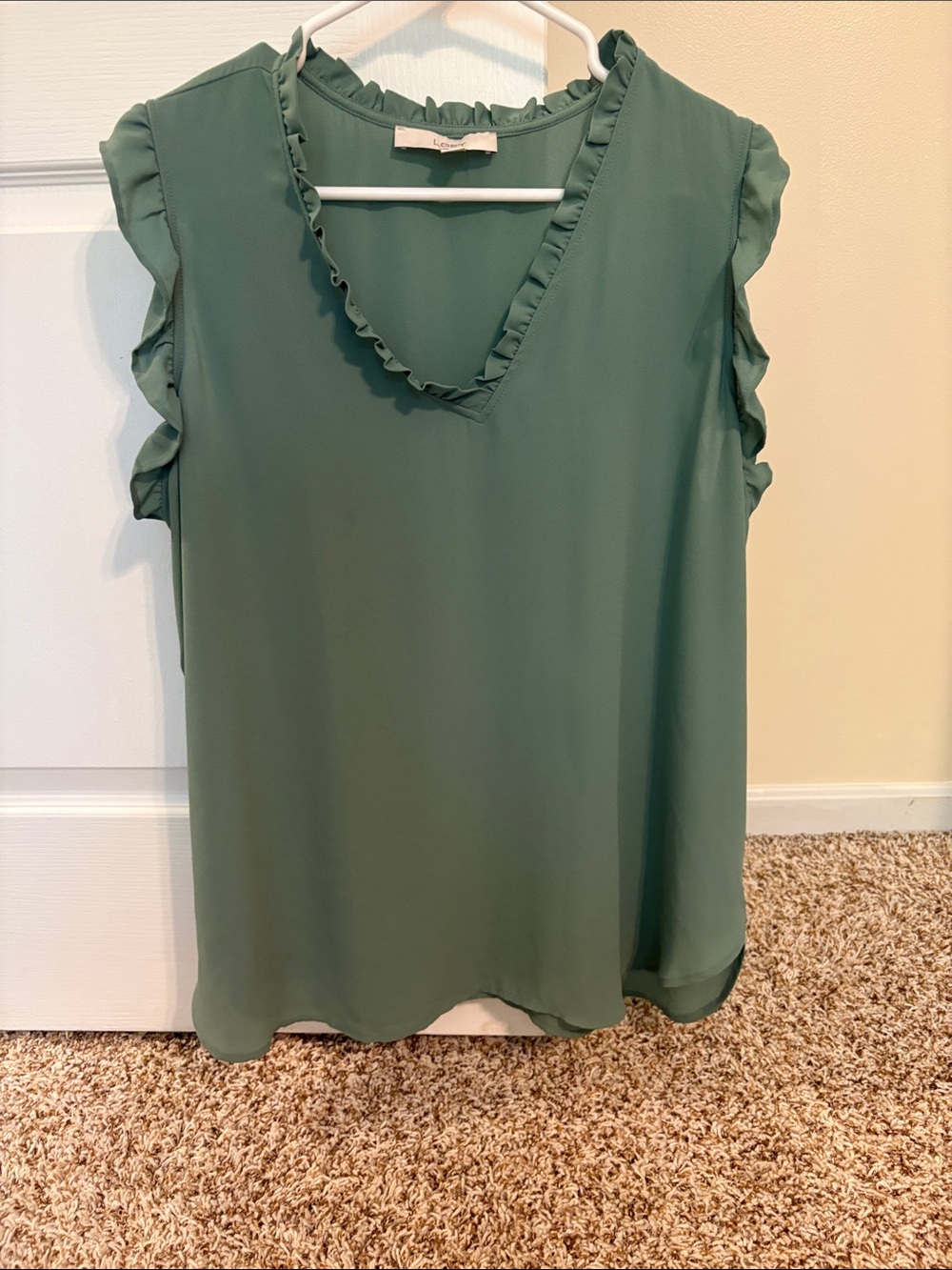 Loft Sleeveless Ruffle V-Neck Top in Sage Green